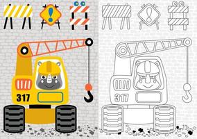 vector cartoon of rhinoceros driving construction vehicle with construction signs, coloring book or page