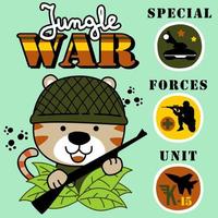 caricatura vectorial de un lindo soldado tigre sosteniendo un arma con elementos militares vector