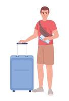 Excited guy passenger with ticket and suitcase semi flat color vector character. Editable figure. Full body person on white. Simple cartoon style illustration for web graphic design and animation