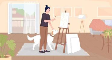 Creating artwork at home flat color vector illustration. Happy guy petting dog and painting on canvas. Fully editable 2D simple cartoon character with balcony and living room interior on background