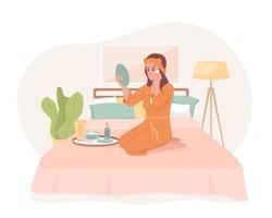 Applying face lotion in bed 2D vector isolated illustration. Young woman caring about skin before sleep flat character on cartoon background. Colorful editable scene for mobile, website, presentation