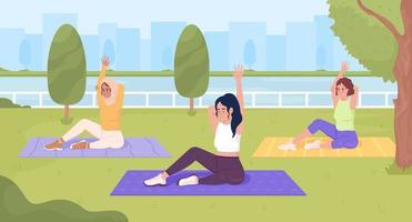 Clases de yoga en grupo en la ilustración de vector de color plano del parque. mujeres trabajando juntas en colchonetas. haciendo ejercicio juntos. personajes de dibujos animados simples 2d totalmente editables con paisaje urbano en el fondo