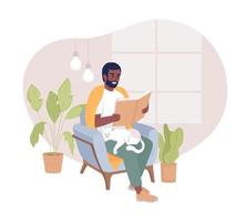 Weekend activity for introvert 2D vector isolated illustration. Bearded man enjoying book with cute cat flat character on cartoon background. Colorful editable scene for mobile, website, presentation
