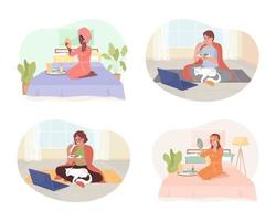 Chilling at home 2D vector isolated illustrations set. Binge-watching and self care. Introverted flat characters on cartoon background. Colorful editable scene pack for mobile, website, presentation