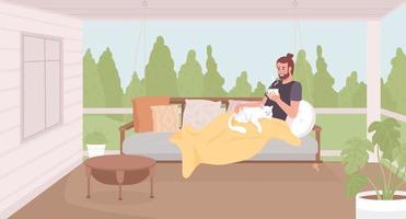 Enjoying weekend on terrace flat color vector illustration. Man with hot drink lying on garden swing with cat. Fully editable 2D simple cartoon character with forest landscape on background