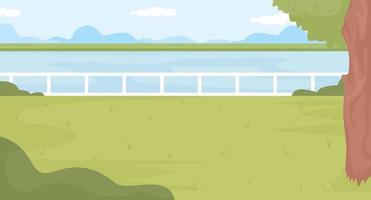 lugar perfecto para un picnic en la ilustración de vector de color plano del parque. lugar acogedor cerca del lago. espacio de recreación con paisaje junto al agua. paisaje de dibujos animados simple 2d completamente editable con río en el fondo