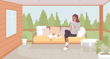 Enjoying getaway alone at vacation home flat color vector illustration. Girl sitting on garden swing with dog and coffee. Fully editable 2D simple cartoon character with garden landscape on background