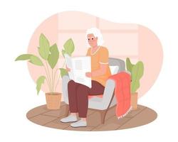 Senior lady looking through newspaper articles 2D vector isolated illustration. Reading news in armchair flat character on cartoon background. Colorful editable scene for mobile, website, presentation