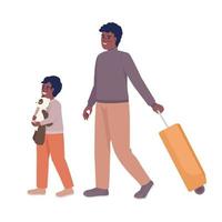 niño pequeño y padre con valija yendo en avión personajes vectoriales de color semiplano. figuras editables. personas de cuerpo completo en blanco. ilustración de estilo de dibujos animados simple para diseño gráfico web y animación vector