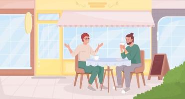 Meeting with friend after long time flat color vector illustration. Male friends discussing latest news over coffee. Fully editable 2D simple cartoon characters with buildings exterior on background