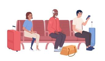 pasajeros que pasan tiempo en el salón del aeropuerto personajes vectoriales de color semiplano. figuras editables. personas de cuerpo completo en blanco. ilustración de estilo de dibujos animados simple para diseño gráfico web y animación vector