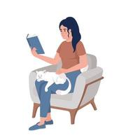 mujer leyendo un libro con un gato en el regazo de carácter vectorial de color semiplano. tiempo acogedor. figura editable. persona de cuerpo completo en blanco. ilustración de estilo de dibujos animados simple para diseño gráfico web y animación vector