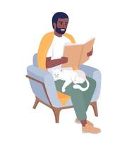 hombre barbudo disfrutando de un libro con un lindo gato en el regazo carácter vectorial de color semiplano. figura editable. persona de cuerpo completo en blanco. ilustración de estilo de dibujos animados simple para diseño gráfico web y animación vector