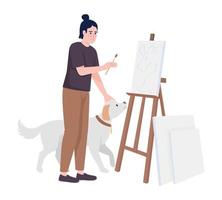 Happy guy petting dog and painting on canvas semi flat color vector character. Editable figure. Full body person on white. Simple cartoon style illustration for web graphic design and animation