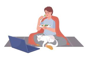 Boy watching movie on laptop with cat on lap semi flat color vector character. Editable figure. Full body person on white. Simple cartoon style illustration for web graphic design and animation