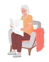 Elderly woman reading newspaper in armchair semi flat color vector character. Editable figure. Full body person on white. Simple cartoon style illustration for web graphic design and animation