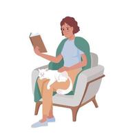 cubierto de manta mujer leyendo libro y acariciando gato carácter vectorial de color semiplano. persona de cuerpo completo editable en blanco. ilustración de estilo de dibujos animados simple para diseño gráfico web y animación vector