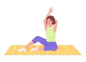Sporty woman releasing tight shoulders on mat semi flat color vector character. Editable figure. Full body person on white. Simple cartoon style illustration for web graphic design and animation