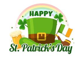 Happy St Patricks Day Illustration with Golden Coins, Green Hat, Beer Pub and Shamrock for Landing Page in Flat Cartoon Hand Drawn Templates vector