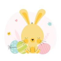 Illustration of cute yellow Easter Bunny and eggs. Rabbit character an decorative colored easter eggs. Rabbit or hare, spring festive animal. Cartoon holiday vector illustration.