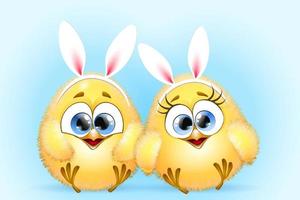 Cartoon Easter funny little Chicks couple with bunny ear headbands vector