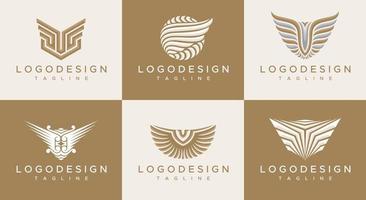 Luxury minimalist wings logo design template set. Gold wing logo branding vector