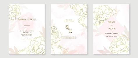 Luxury wedding invitation card background vector. Elegant botanical flower decorate with gold line art texture template background. Design illustration for wedding and vip cover template, banner. vector