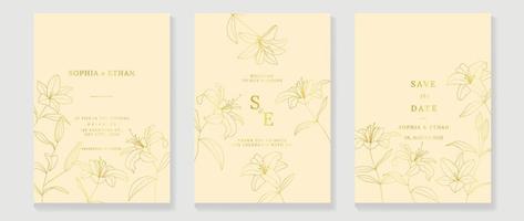 Luxury wedding invitation card background vector. Elegant botanical lily flower decorate with gold line art texture template background. Design illustration for wedding and vip cover template, banner. vector