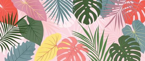 Colorful tropical leaves background vector illustration. Jungle plants, monstera palm foliage, exotic rainforest summer hawaiian style background. Contemporary design for home decoration, wallpaper.