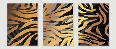 Luxury gold abstract pattern wall art vector set. Delicate gradient gold organic shape tiger stripes pattern with black and grey background. Design for home decoration, spa, cover, interior, print.