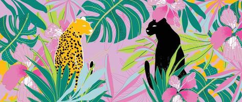 Ilustración de vector de fondo tropical colorido. flores de la selva, hojas de palma de monstera, estilo exótico de verano con tigres y textura de puntos grunge. diseño contemporáneo para la decoración del hogar, papel tapiz.