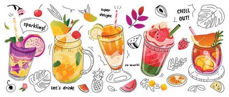 Fresh smoothies and sparkling drinks design with cute doodle decoration. Fruit refreshment and soft drinks in glasses. Vector illustration blended smoothie for logo, ads, promotion, marketing, banner.