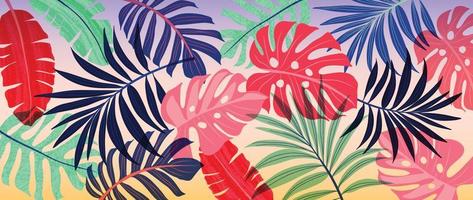 Colorful tropical background vector illustration. Jungle plants, monstera palm leaves, exotic spring summer style grunge watercolor texture. Contemporary art design for home decoration, wallpaper.