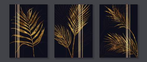 Luxury gold tropical leaves wall art vector set. Delicate gold botanical exotic jungle palm foliage with watercolor texture painting on dark background. Design for home decoration, spa, cover, print.