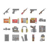 vector de conjunto de iconos de armas y accesorios de tiro