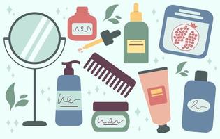 gran colección de productos de belleza para la ilustración vectorial de rutina diaria de la piel en estilo plano vector