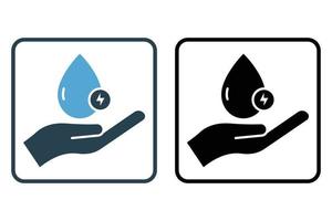 ilustración de icono de energía hidroeléctrica segura. icono de mano con gota de agua y electricidad. icono relacionado con la ecología, las energías renovables. estilo de icono sólido. diseño vectorial simple editable vector