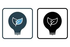 Green electricity icon illustration. Light bulb icon with leaf. icon related to ecology, renewable energy. Solid icon style. Simple vector design editable