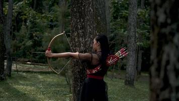 Archery Women Ready for shooting an arrow when she hunting in the jungle video