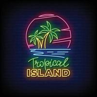 cartel de neón isla tropical con vector de fondo de pared de ladrillo