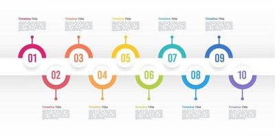 infografías de negocios con 10 semicírculos coloridos en diagramas de línea de tiempo sobre fondo de color blanco. vector