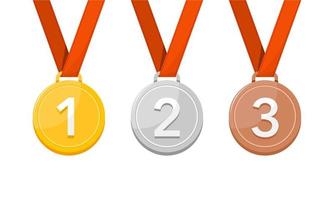 Gold, silver, and bronze medals winner and winner medal with red ribbon. Vector illustration.