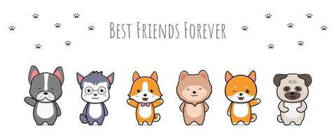 Cute dog best friends forever doodle banner background wallpaper icon cartoon illustration vector