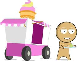 The boy is standing with ice cream in his hands next to the Ice cream trolley vector