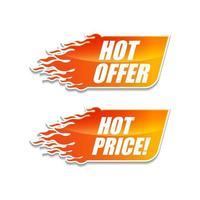 hot price and price on fire banners - text in yellow and red drawn labels with flames signs, business shopping concept, vector