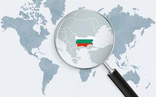 World map with a magnifying glass pointing at Bulgaria. Map of Bulgaria with the flag in the loop. vector