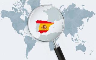 World map with a magnifying glass pointing at Spain. Map of Spain with the flag in the loop. vector