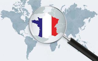 World map with a magnifying glass pointing at France. Map of France with the flag in the loop. vector