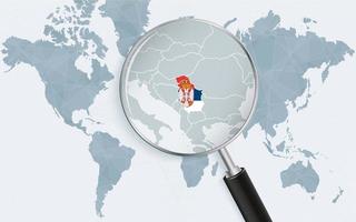 World map with a magnifying glass pointing at Serbia. Map of Serbia with the flag in the loop. vector