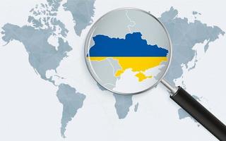 World map with a magnifying glass pointing at Ukraine. Map of Ukraine with the flag in the loop. vector